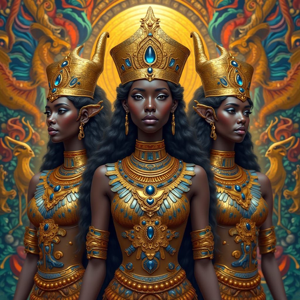 Nubian Goddesses Menhit, Isis, and Hathor in Egypt