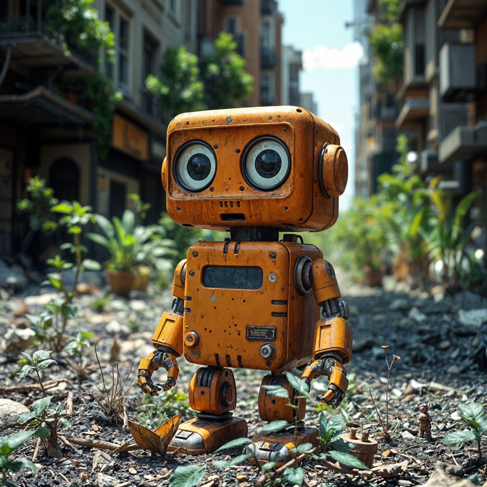 Friendly Robot in Post-Apocalyptic Cityscape