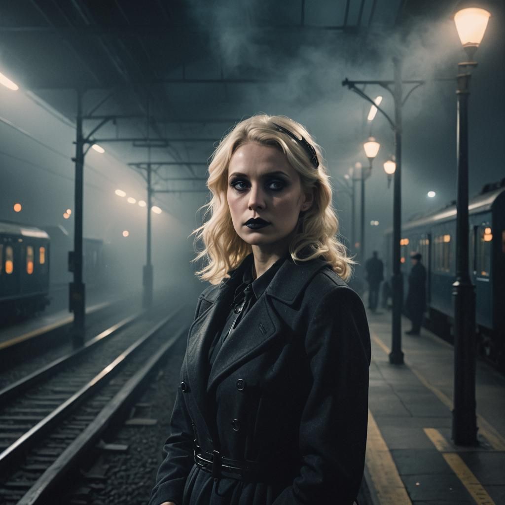 Moody Film Noir Portrait of Woman at Train Station