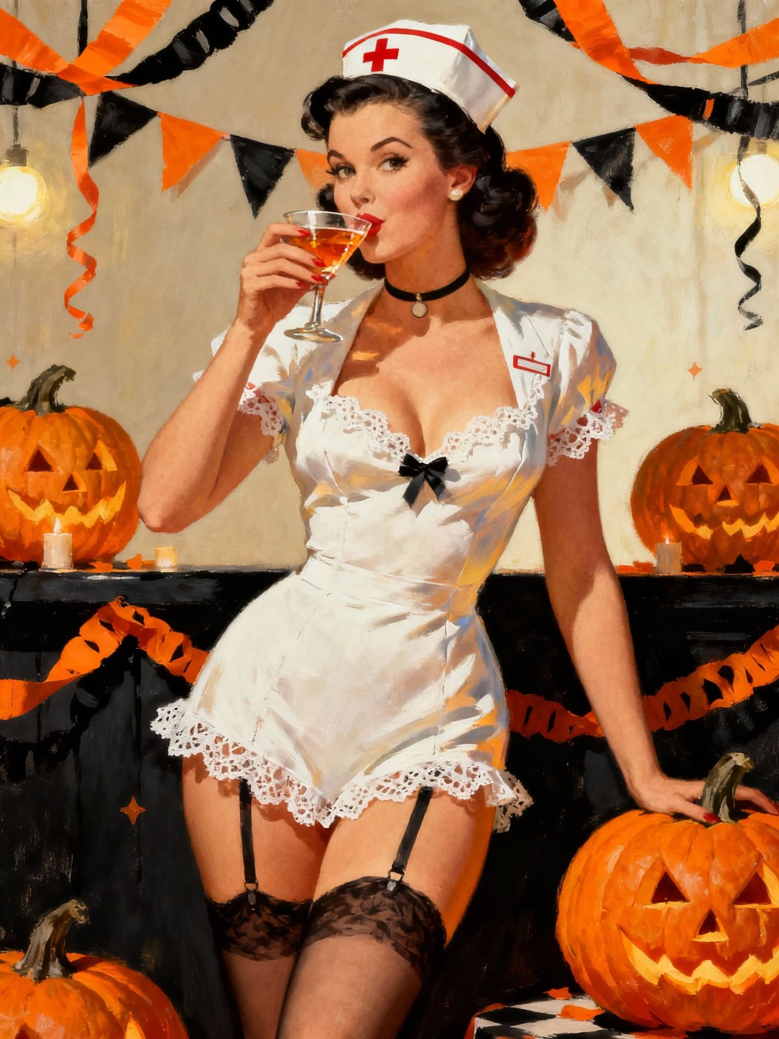 Pin-Up Nurse Sips Drink at Halloween Party
