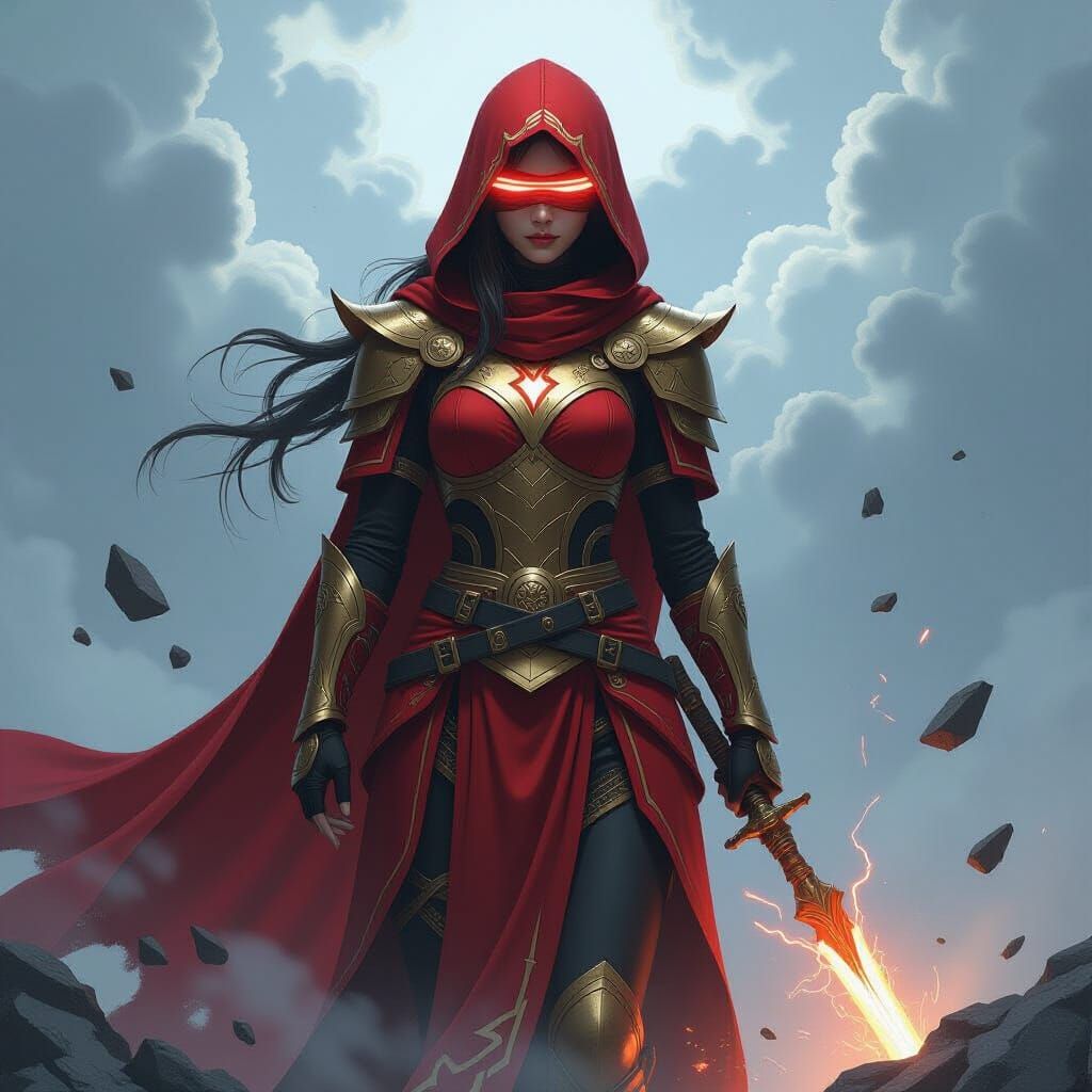 Asian Warrior in Crimson-Gold Armor with Lightning Motifs