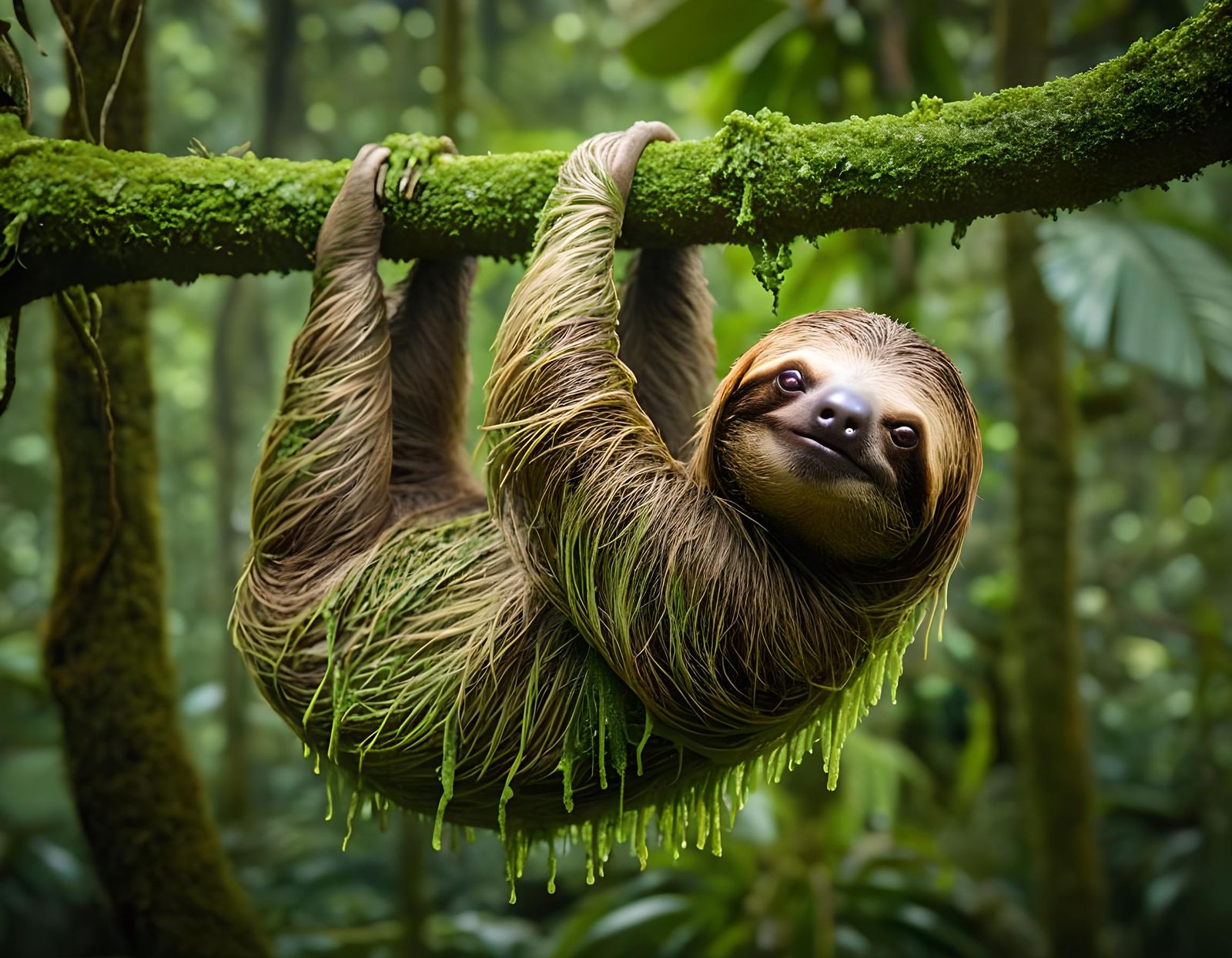Sloth in Rainforest with Algae Fur