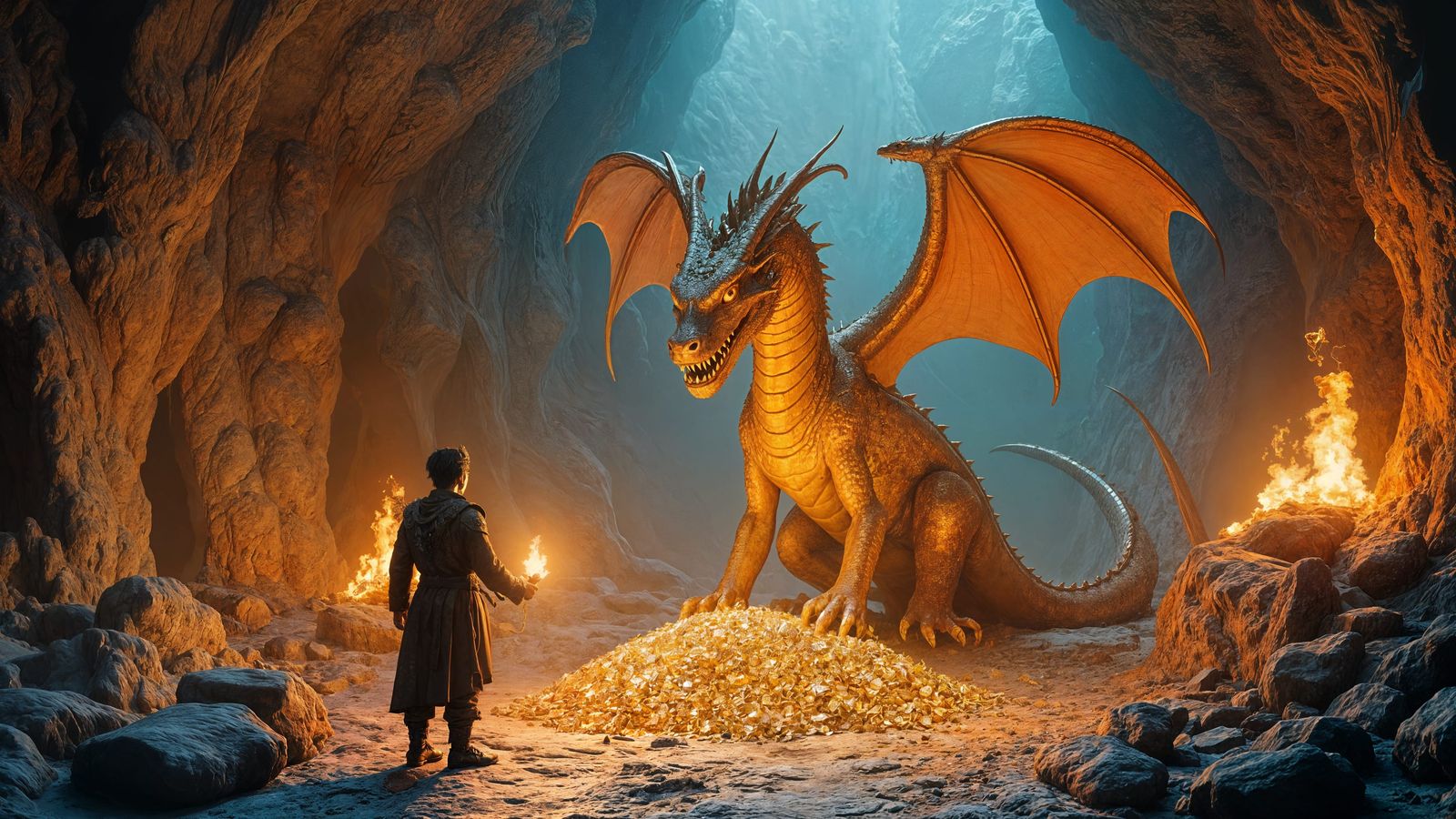 Golden Dragon on Hoard in Mountain Cave