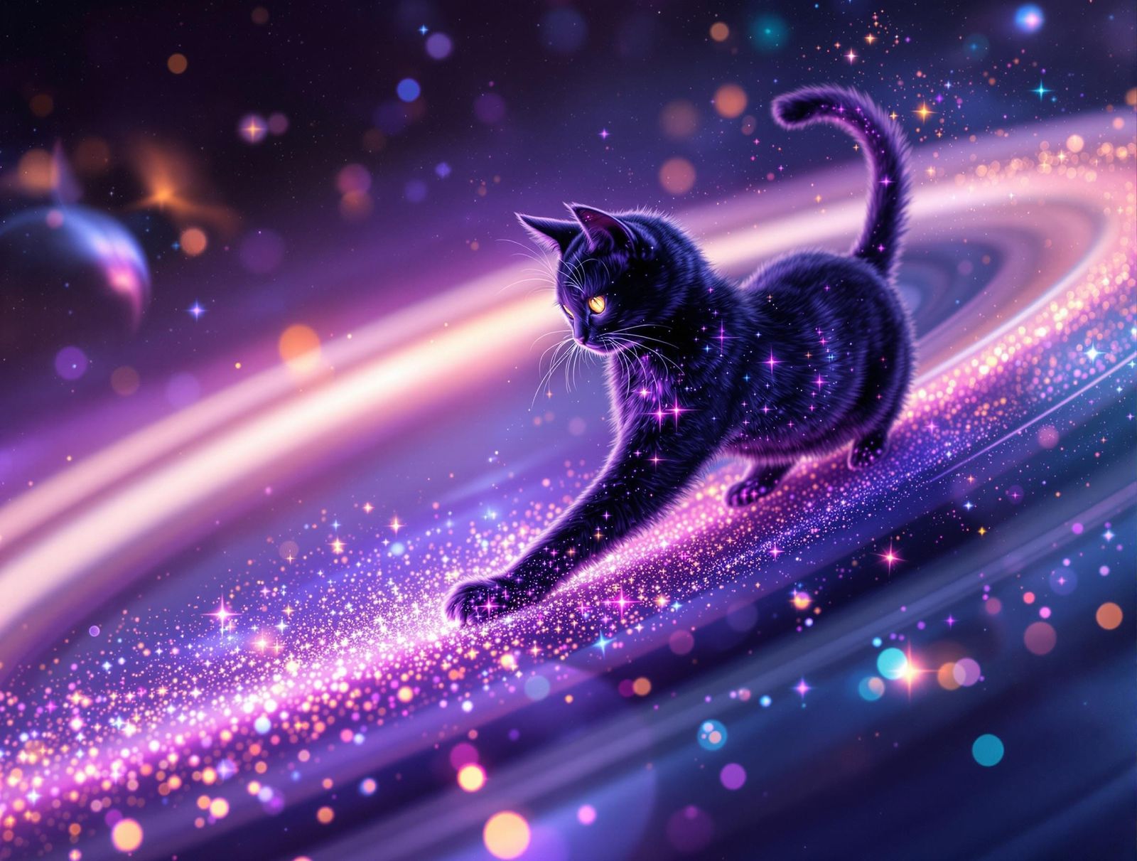 Surreal Cosmic Cat Stepping Across Saturn's Rings