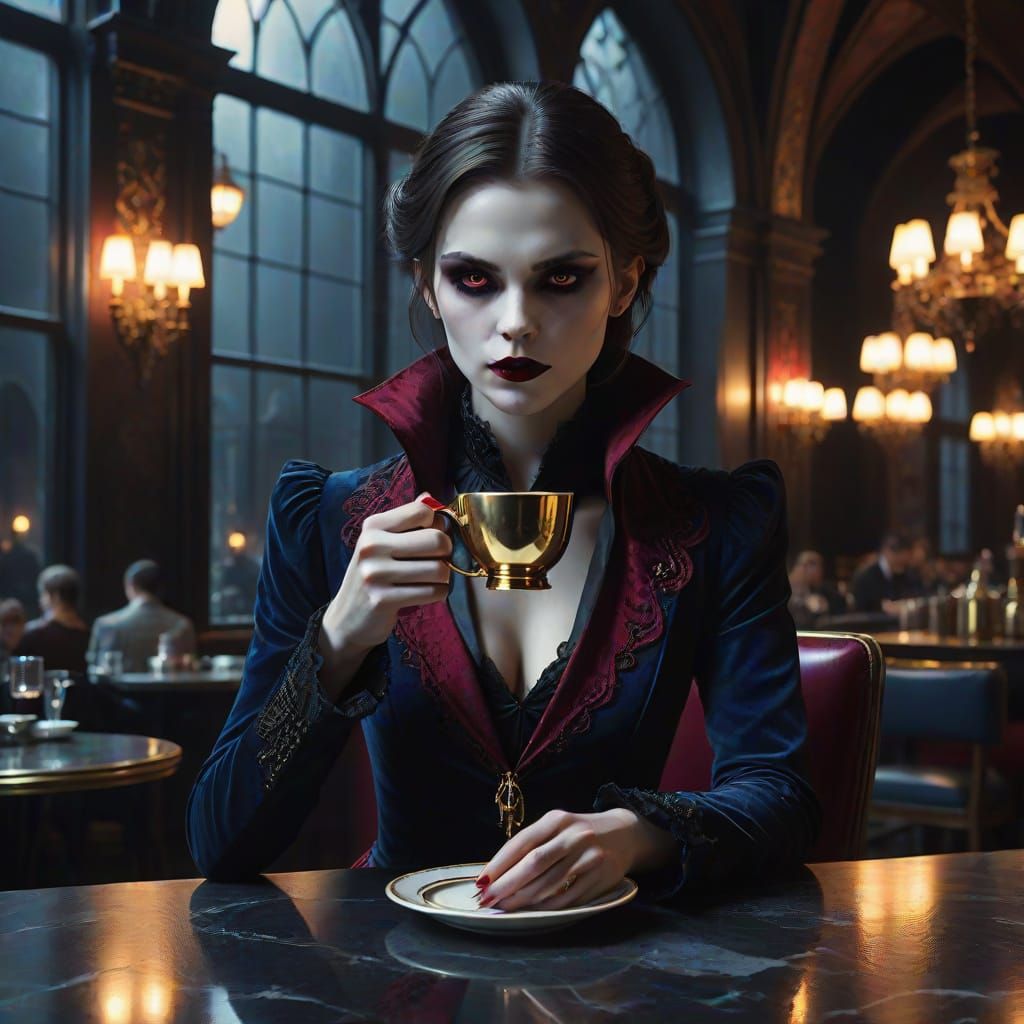 Elegant Vampire in a Luxurious Cafe