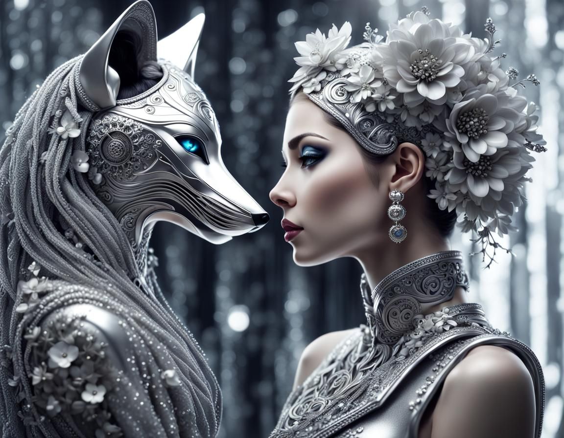 Monochromatic Silver Cyborg with Fox in Futuristic Style