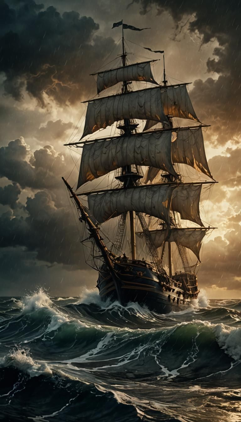 Galleon Confronts Rogue Wave in Dramatic Oil Painting