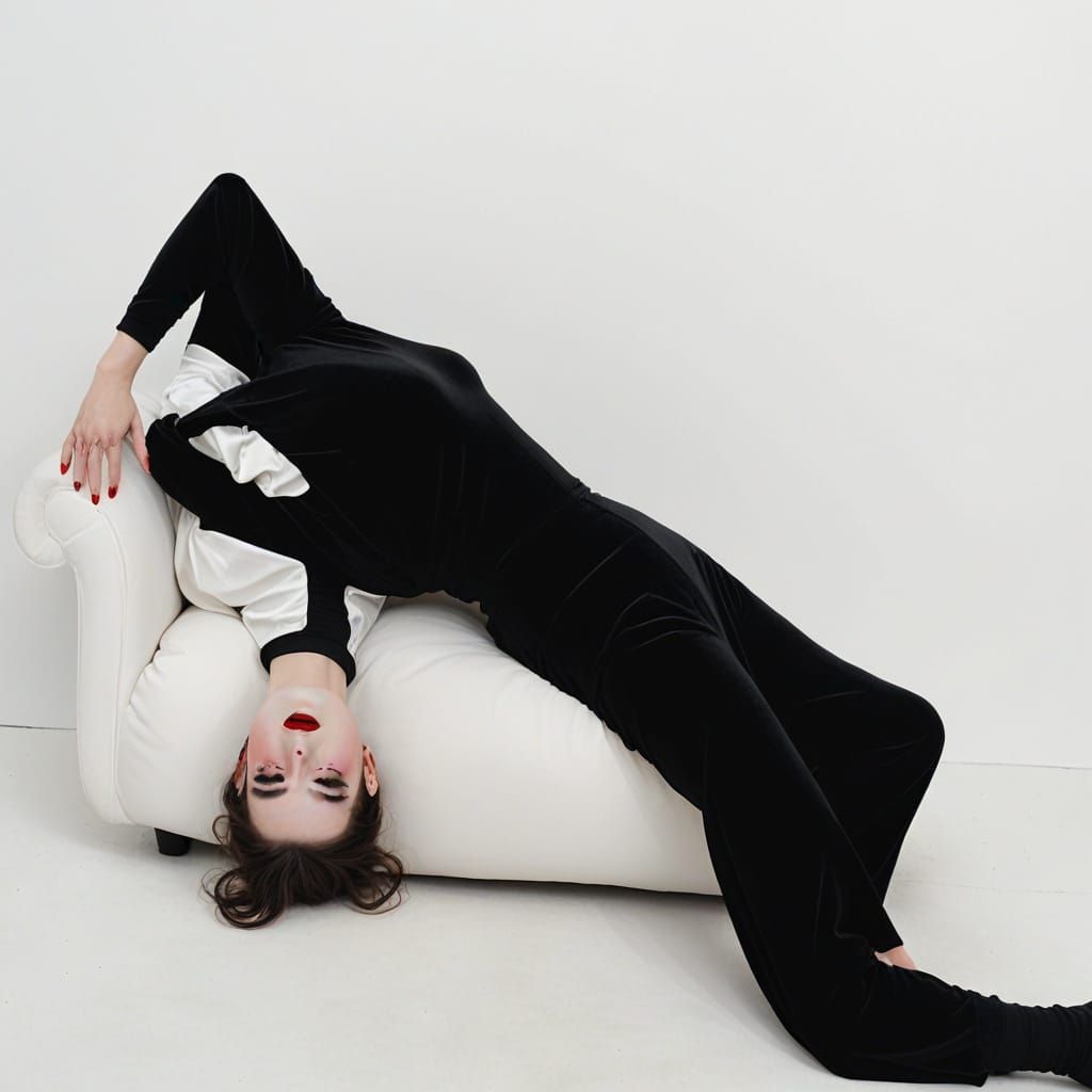 Elegant Woman Lying on Red Velvet Sofa in Black and White