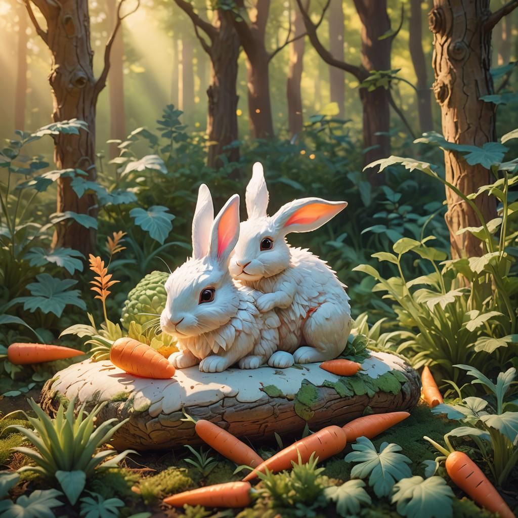 Rabbit on Carrot Watched by Dragon, 3D Digital Art