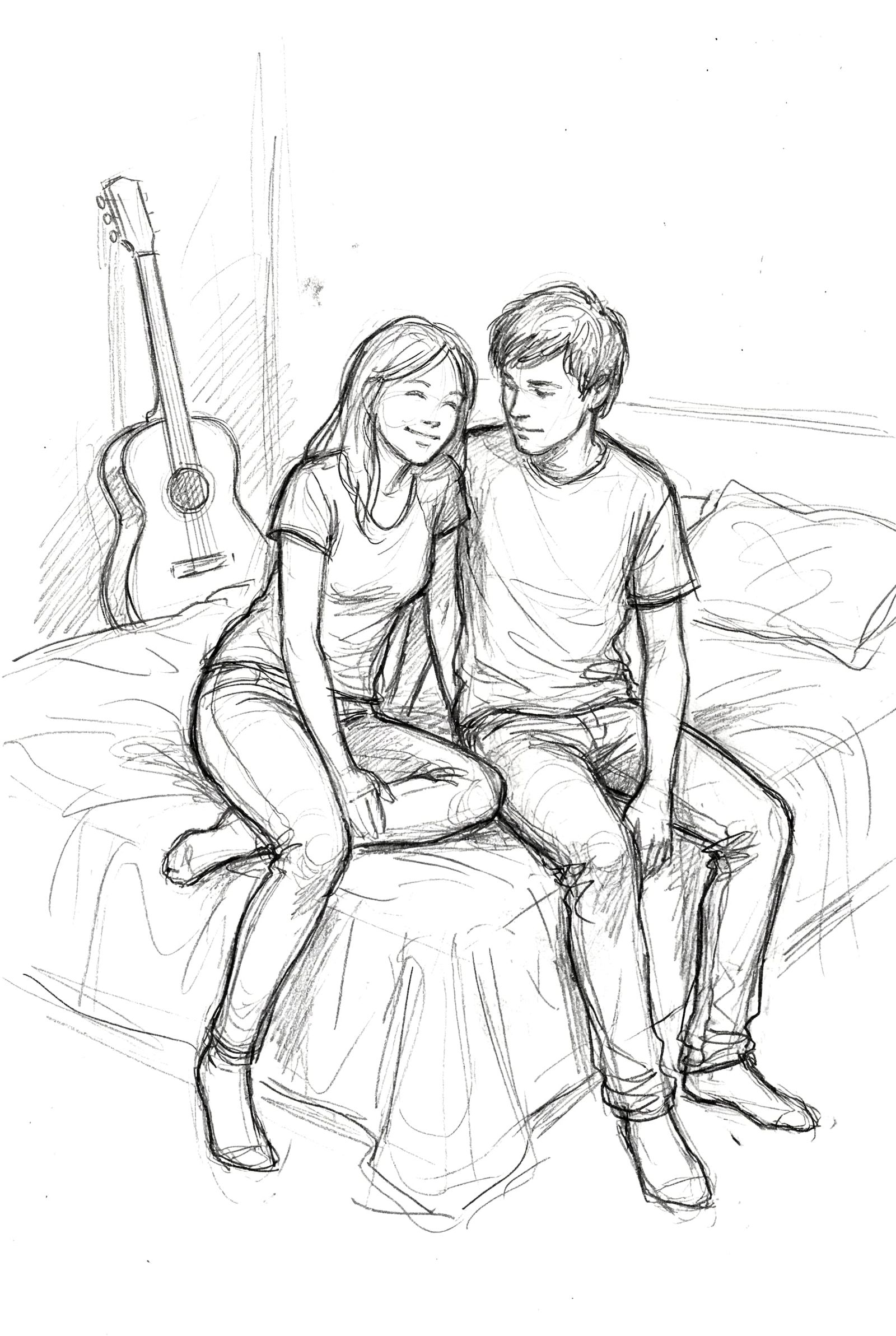 Teen Couple Relaxing on Bed in Rough Sketch Style