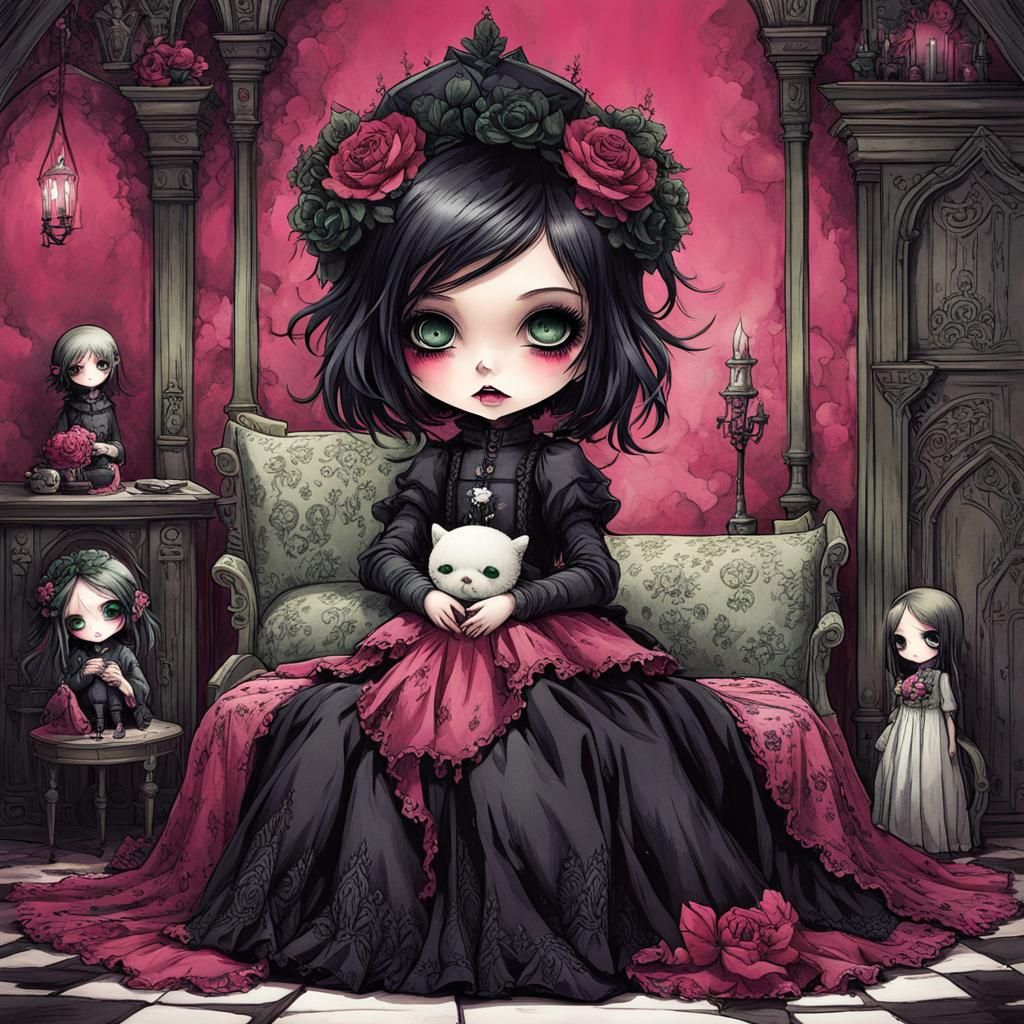 Chibi Goth Punk Girl with Voodoo Doll Illustration