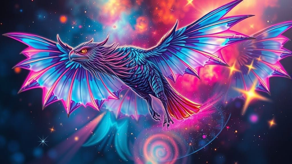 Bioluminescent Griffin Pirate Soaring Through Nebula