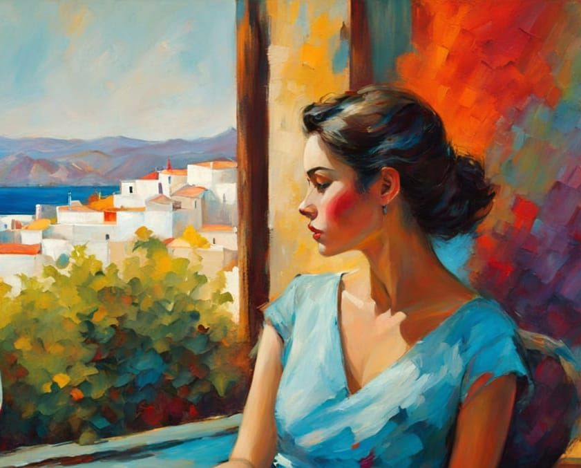 Impressionist Oil Painting of Woman with Wine on Greek Villa...