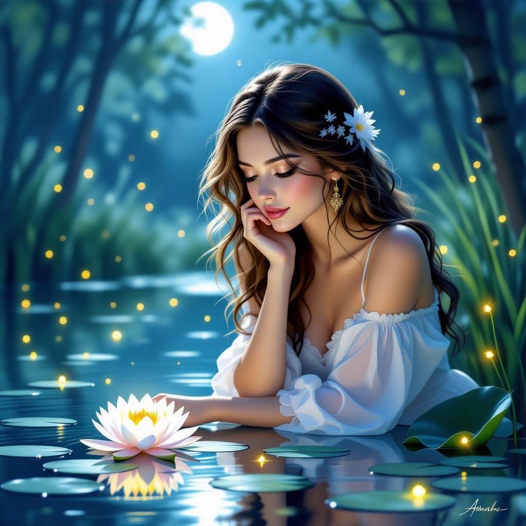 Woman by Moonlit Pond with Luminescent Lotus