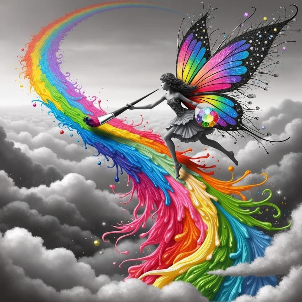 Ethereal Fairy Paints Vibrant Rainbow Across Grey-Scale Sky ...