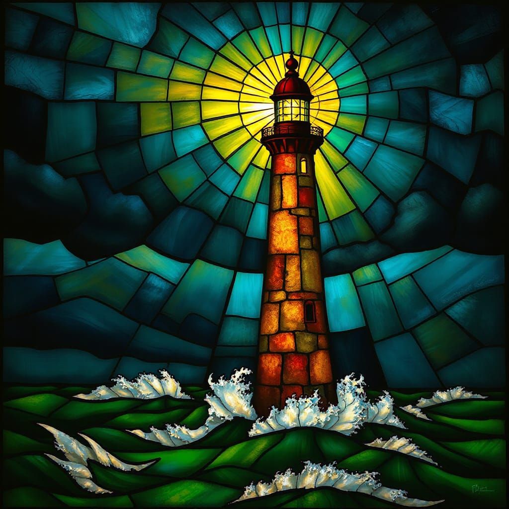 Stained Glass Lighthouse Over Stormy Sea