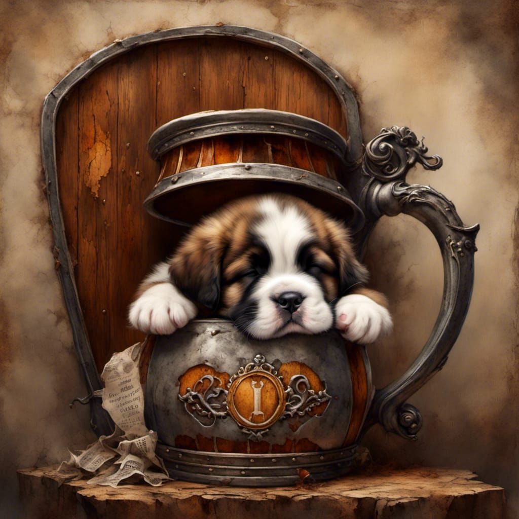 Saint Bernard Puppy Dreams in a Beer Stein