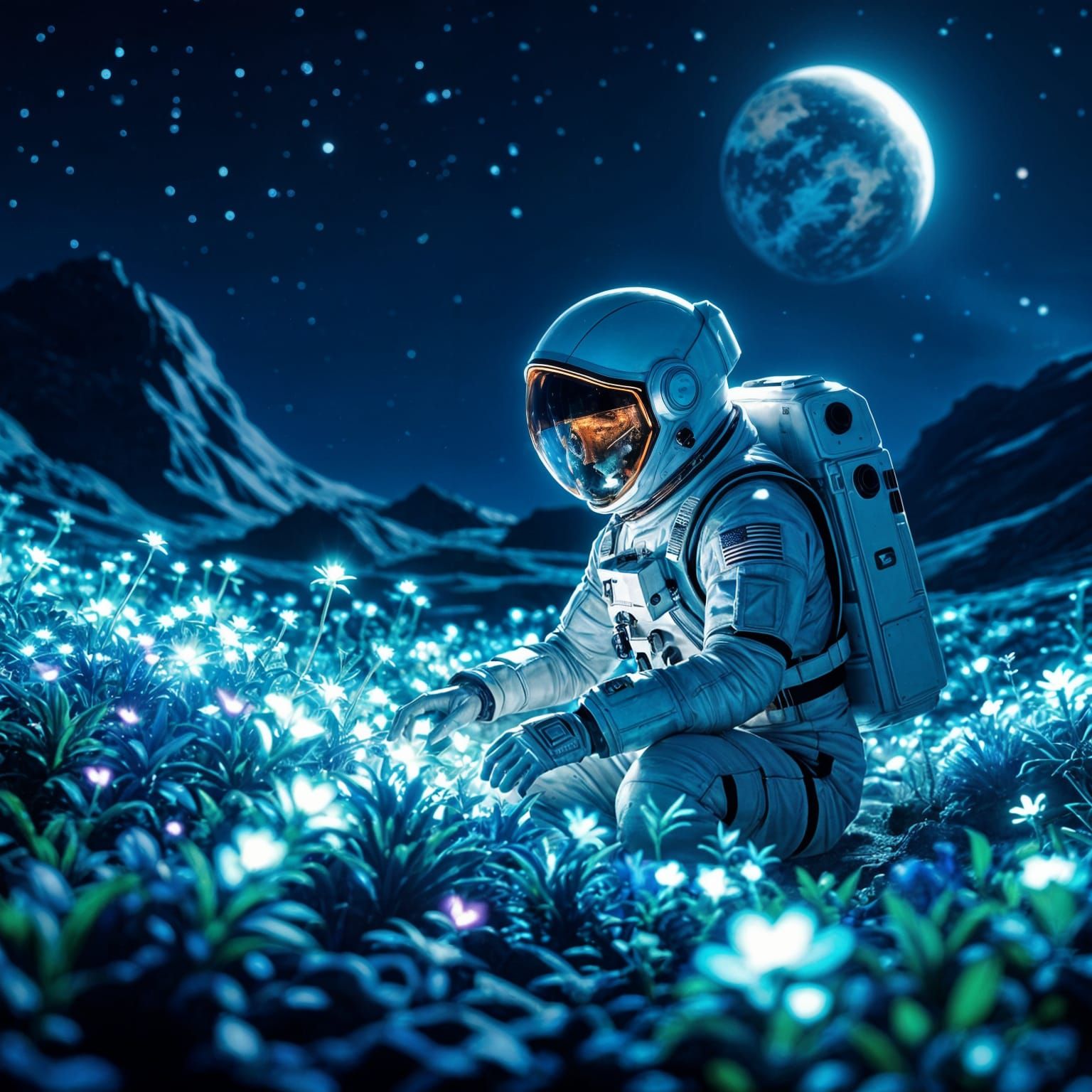 Astronaut Tends Alien Garden Under Earthlight