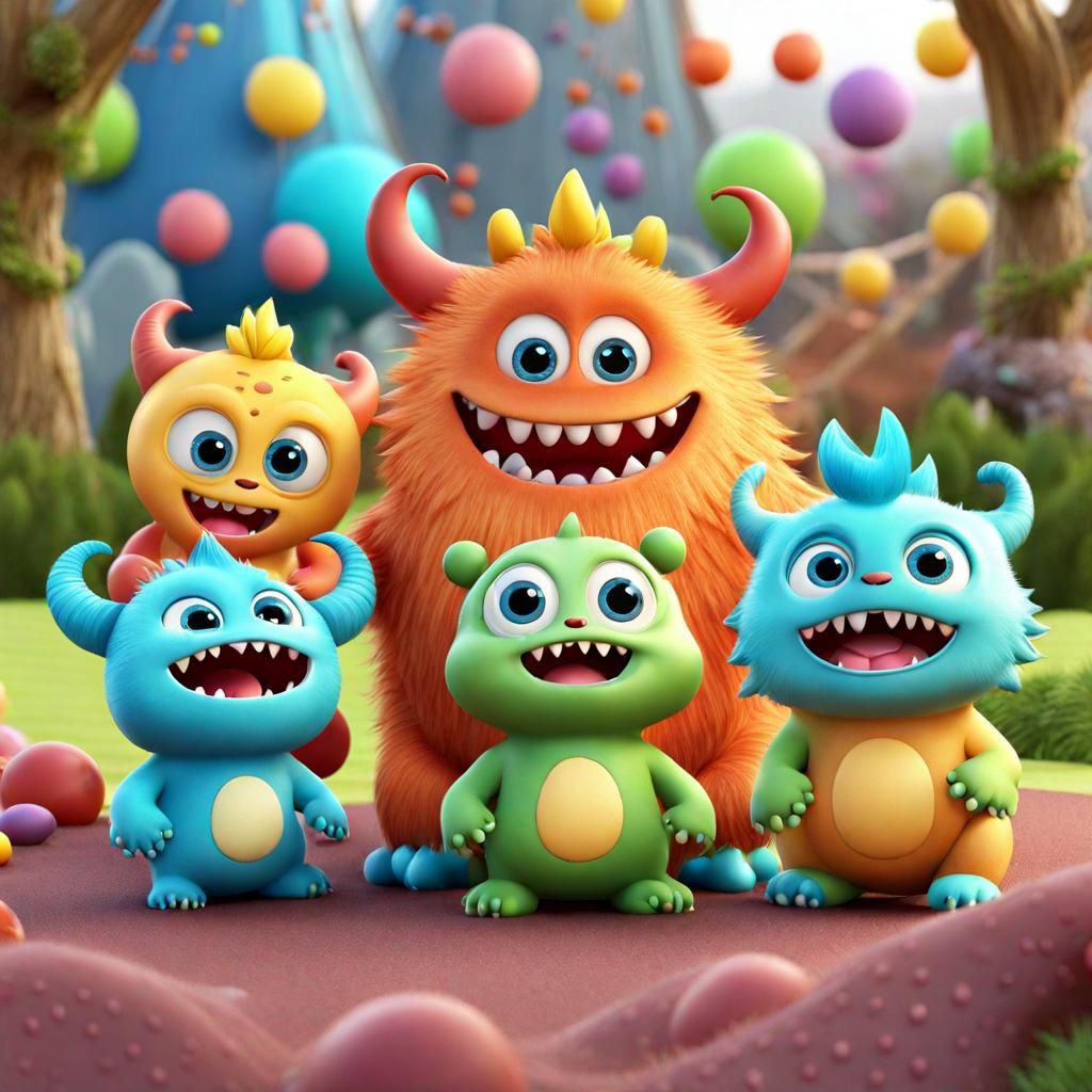 Cute Monster Babies Playing in Playground, 3D Render