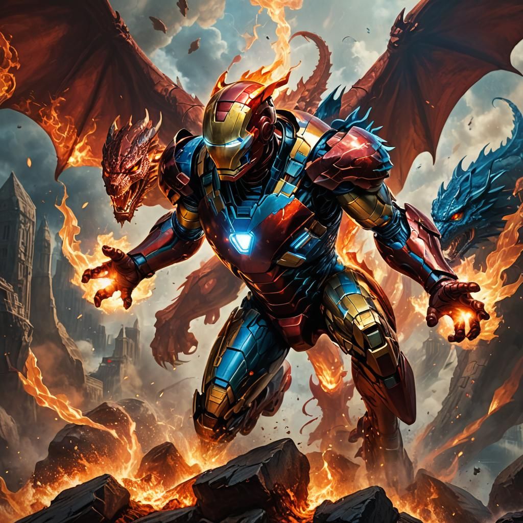 Iron Man on Dragon Soaring Through Mystical Realm