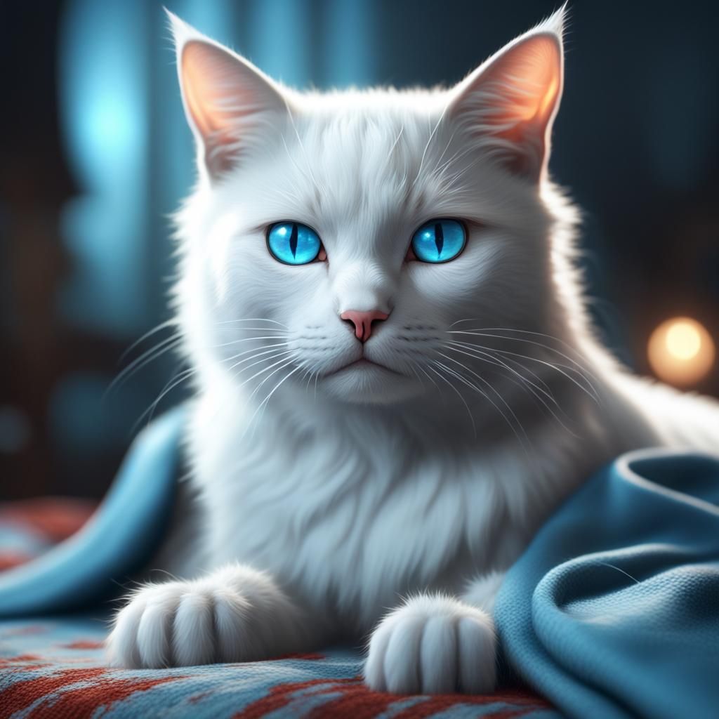 White Cat with Blue Eyes, Detailed Matte Painting