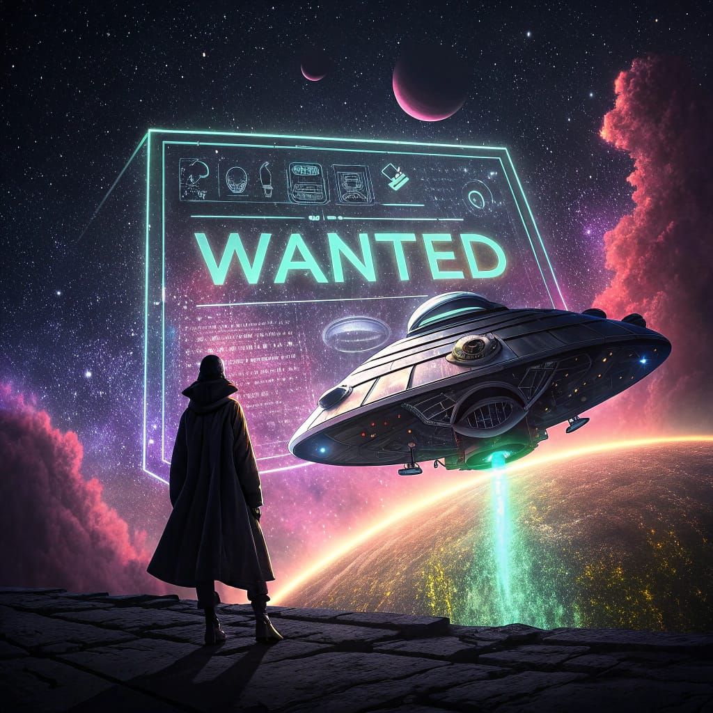 Futuristic Wanted Poster Hologram in Space