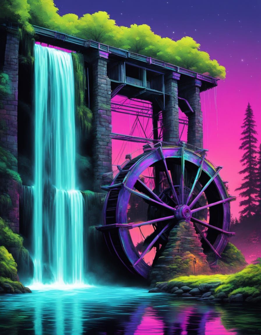 Vibrant Retro Futuristic Waterwheel Scene