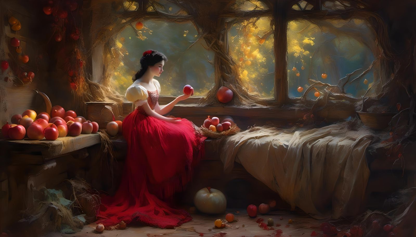 Snow White and the Apple, in Oil Painting Style