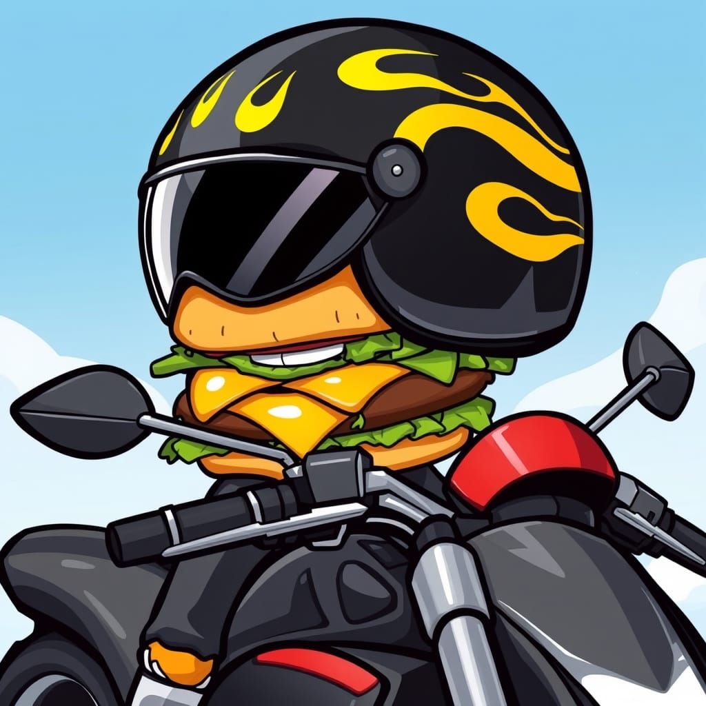 Surreal Burger Icon Speeds Through the Sky in Cartoon Style