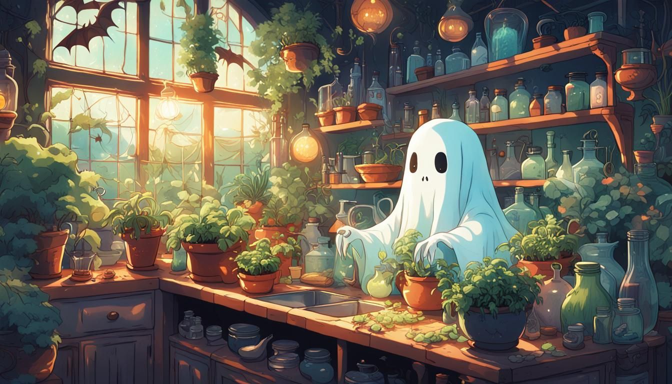 Happy Ghost in Whimsical Anime Kitchen