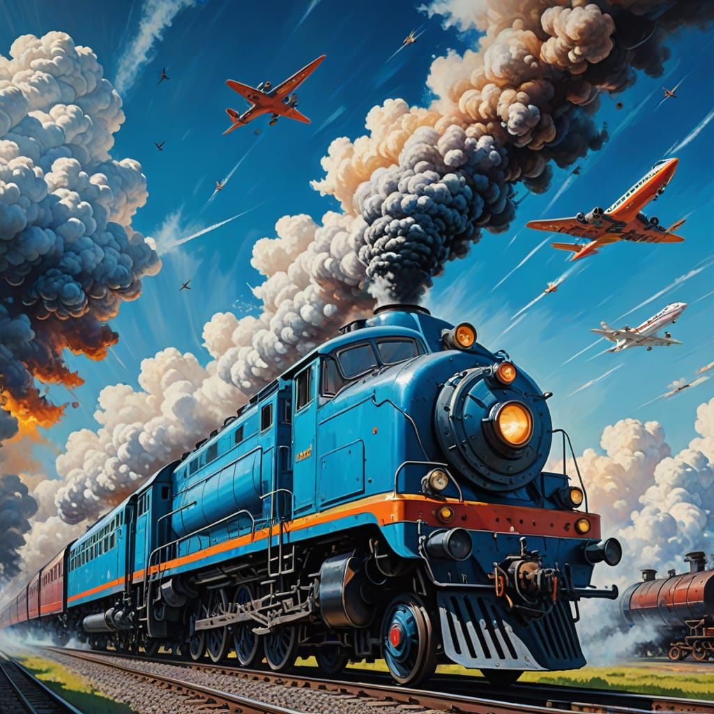 Flying Trains and Planes in Vibrant Oil Painting