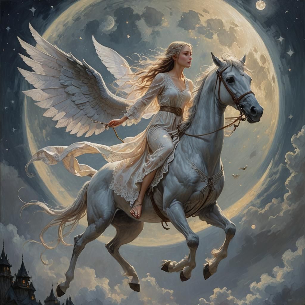 Elven Rider on Pegasus Under Moonlight, Oil Painting