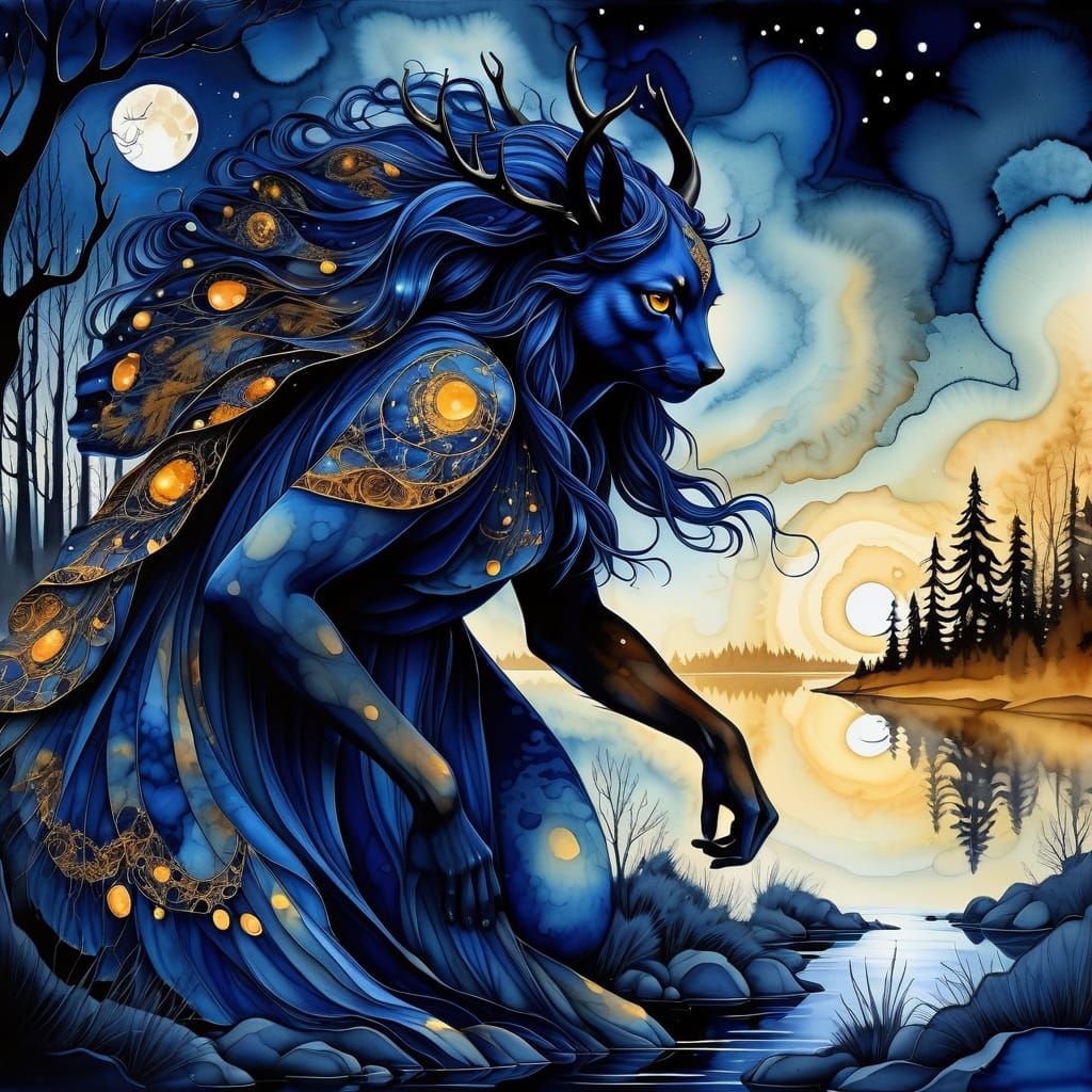 Finnish Hiisi in Moonlit Forest, Amber and Indigo Tones