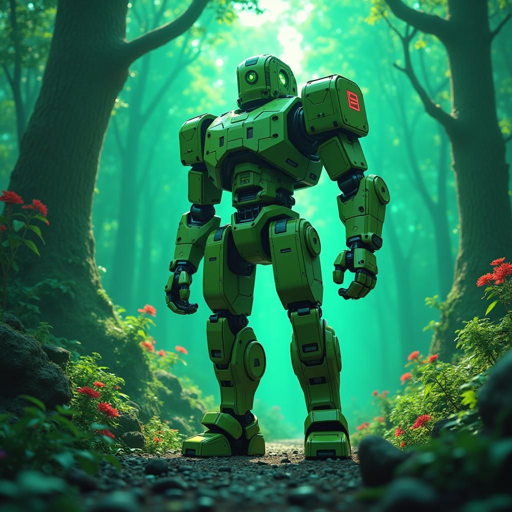 Blocky Robot Hero in Emerald Green Landscape