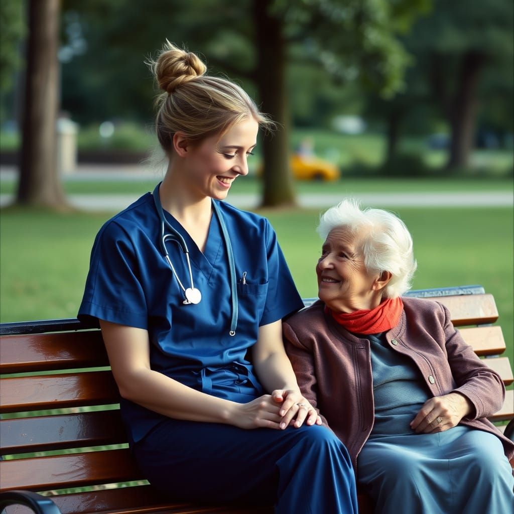 Vignette-Lit Nurse and Elderly Woman Share a Moment on a Par...