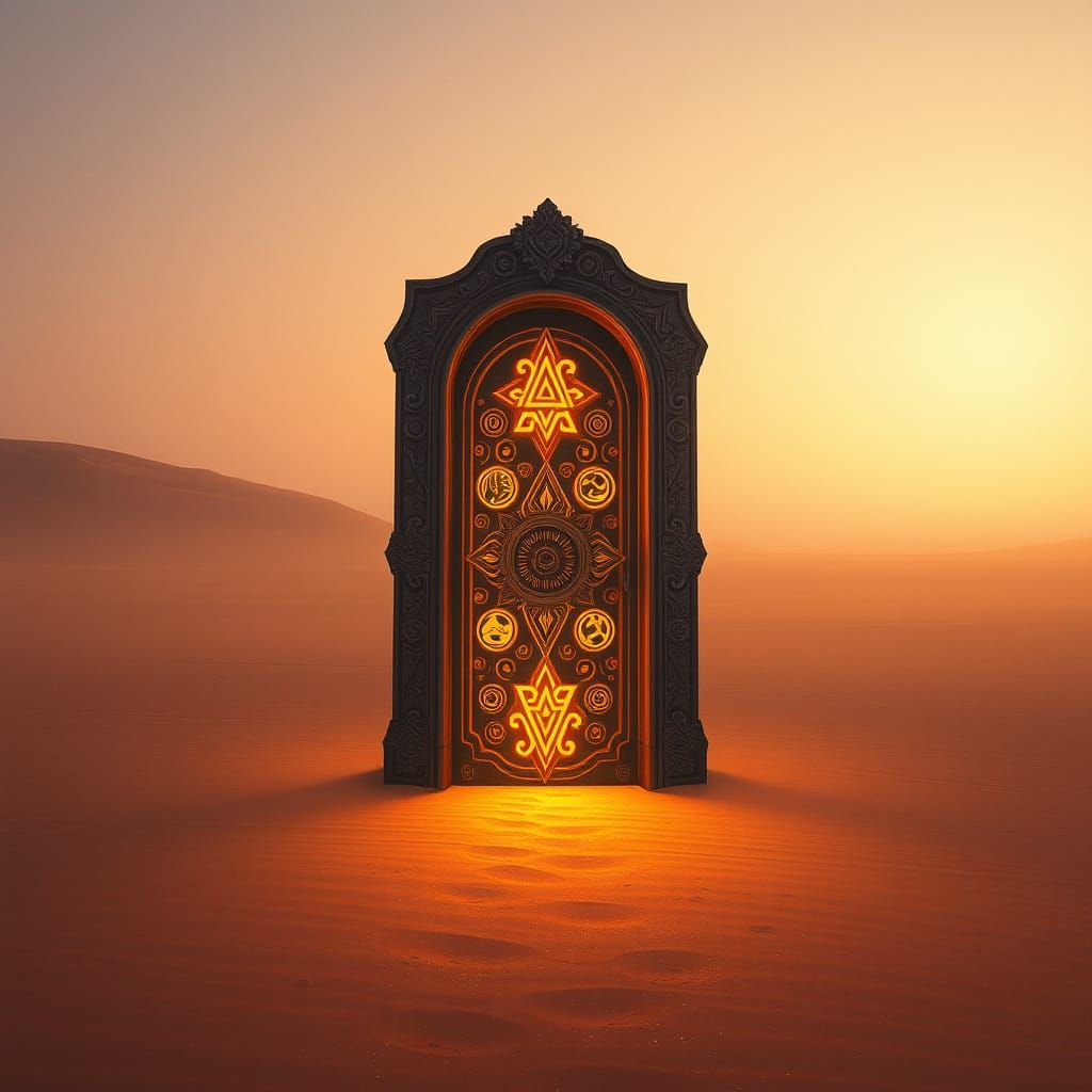 Glowing Door in Desert Landscape, Surreal Digital Art