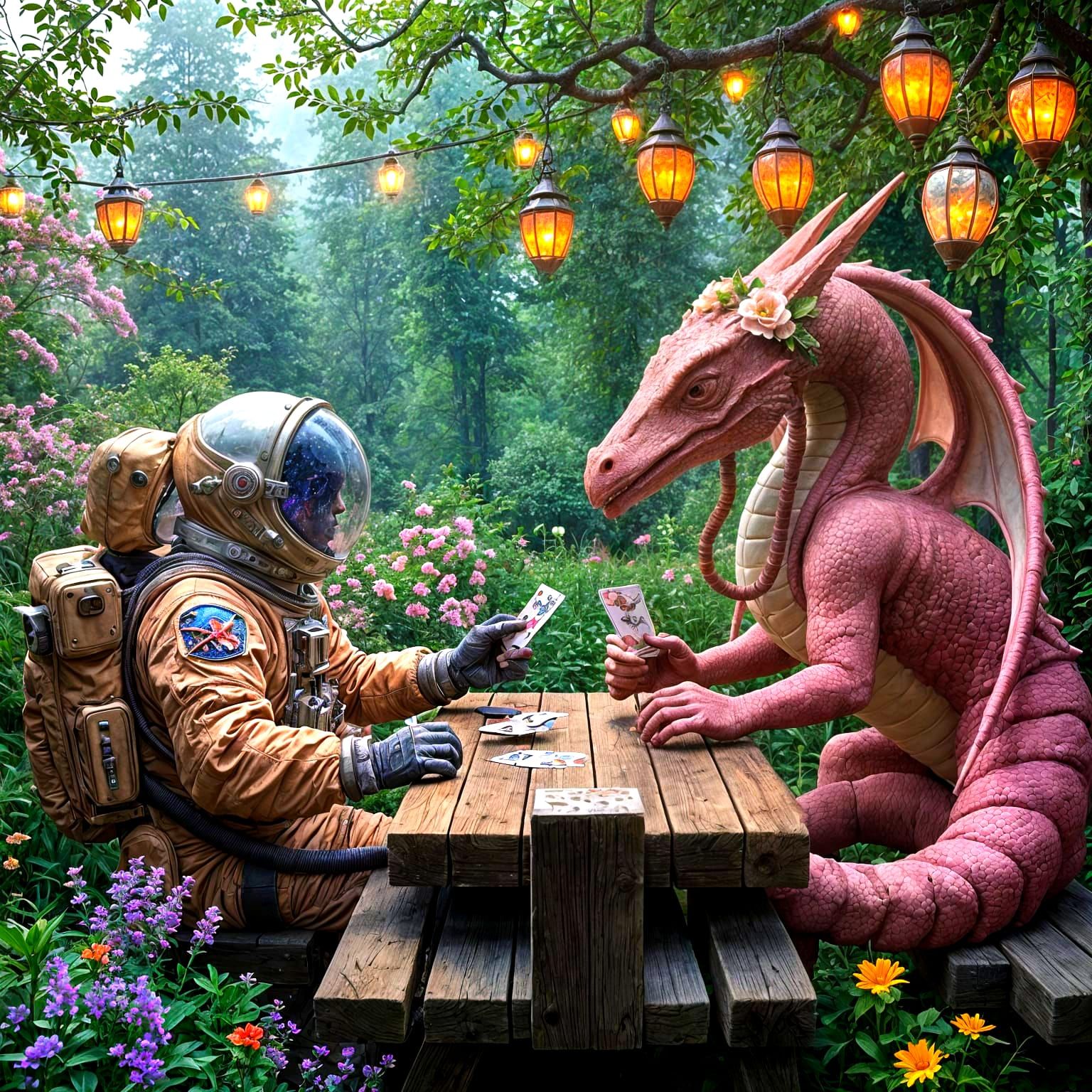 Astronaut and Dragon Play Cards in Garden
