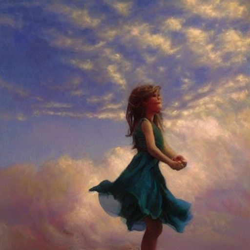 Levitating Girl in Clouds: Oil Painting Fantasy