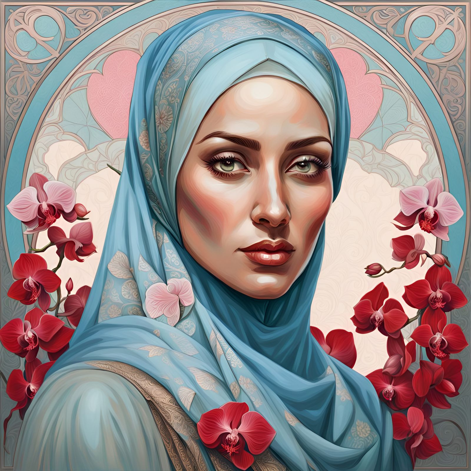 Beautiful Hijabi Woman Portrait in Art Nouveau Style