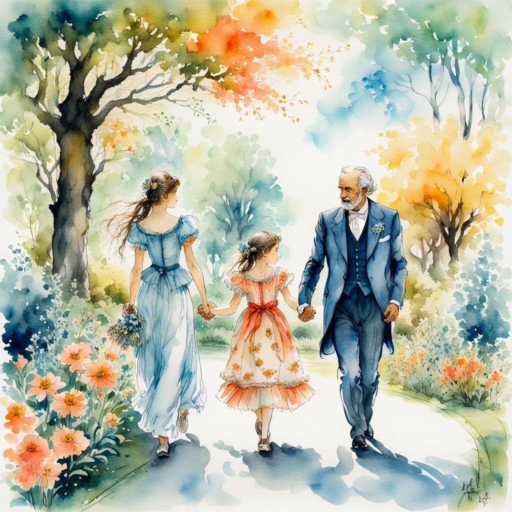 Victorian Family Stroll in Summer Park, Whimsical Illustrati...