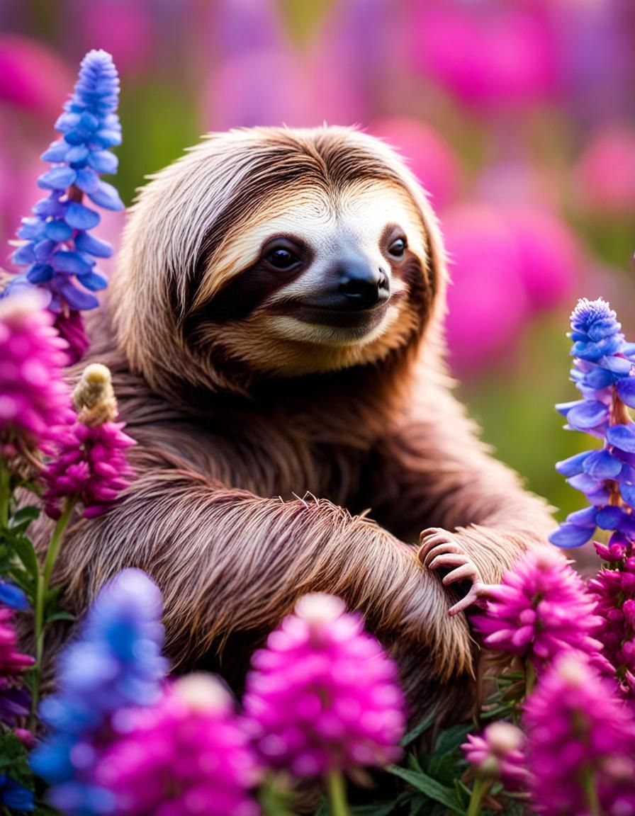 Cute Sloth Among Pastel Wildflowers