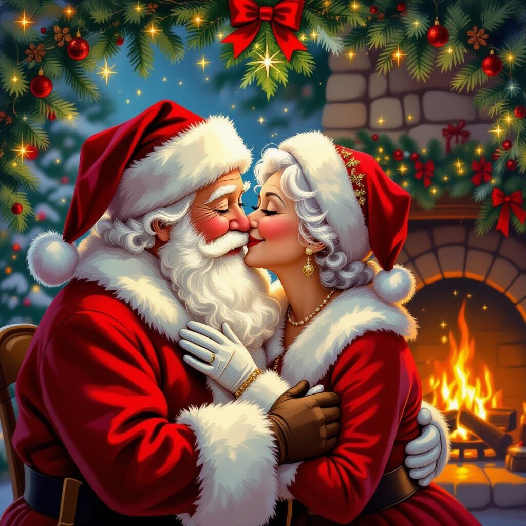 Santa and Mrs Claus Kissing Under Mistletoe in Festive Glow