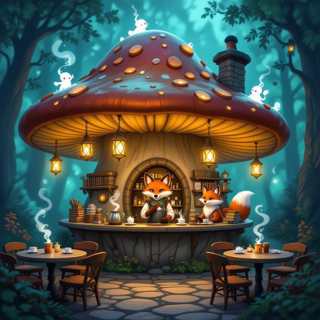 Enchanted Mushroom Cafe with Sprite Steam and Fairy Tale Glo...