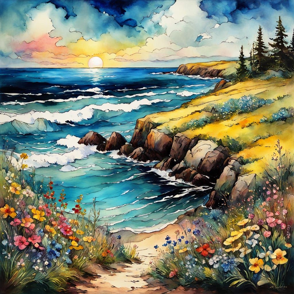 Radiant Seashore Wildflowers in Colorful Cartoon Style