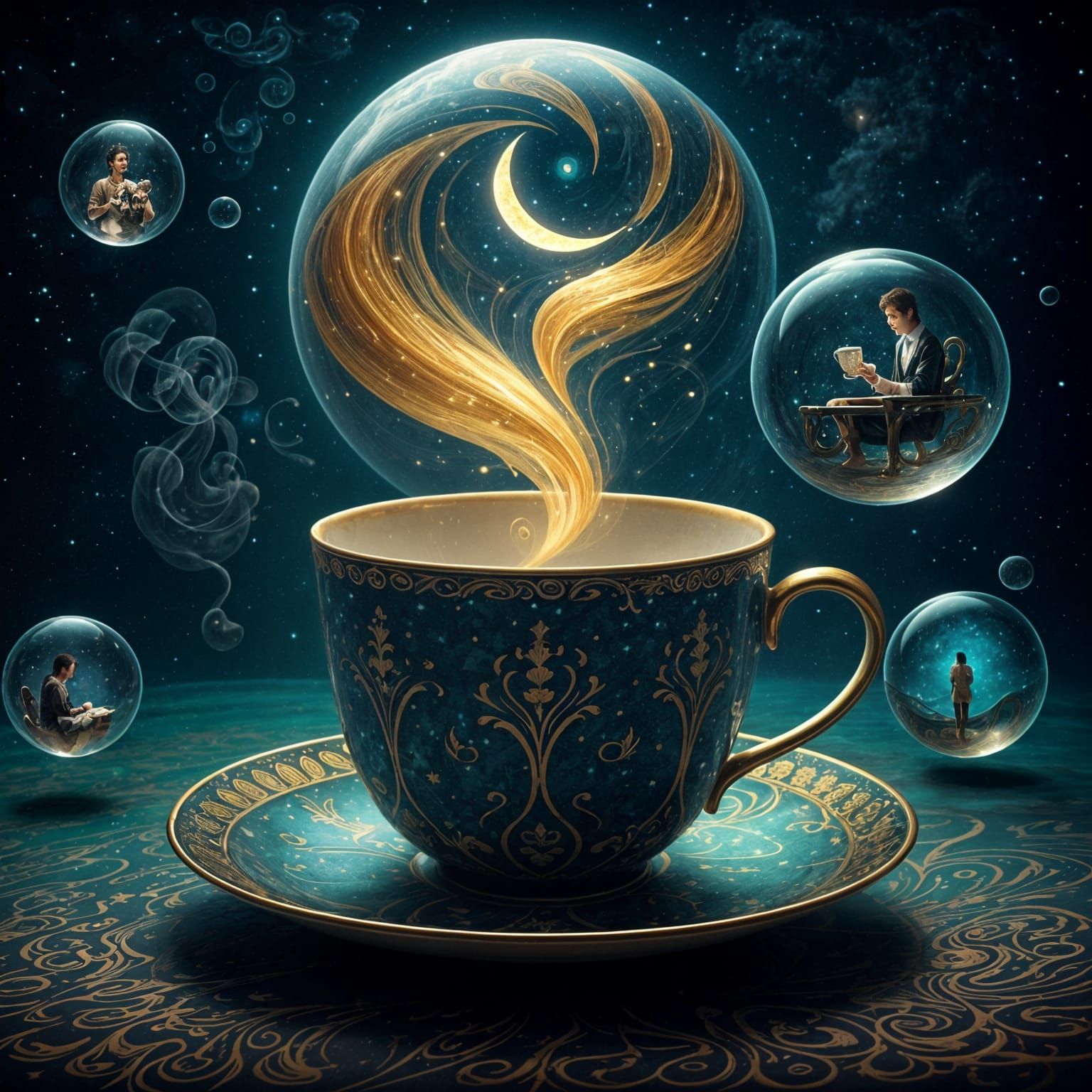 Surreal Coffee Cup with Bubbles Reflecting Memories