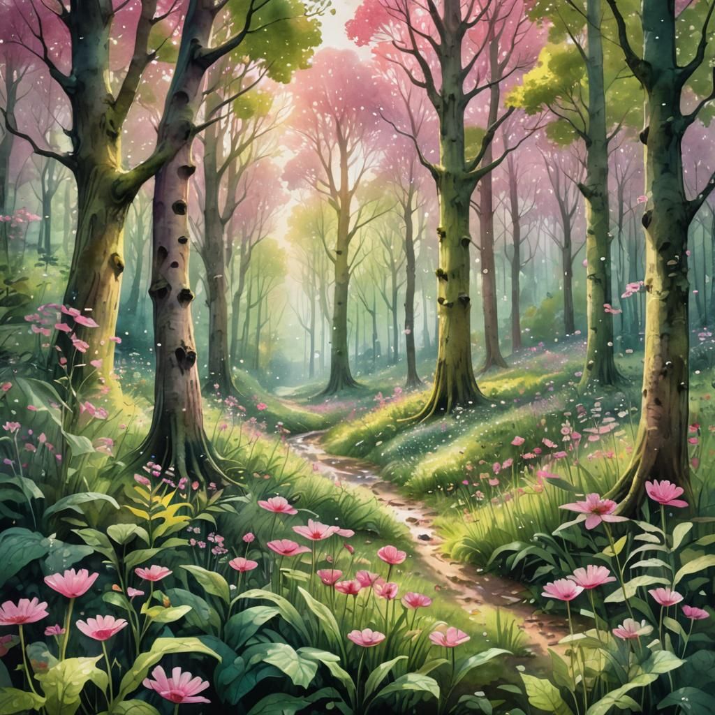Pink and Green Forest Glade in Watercolour Style