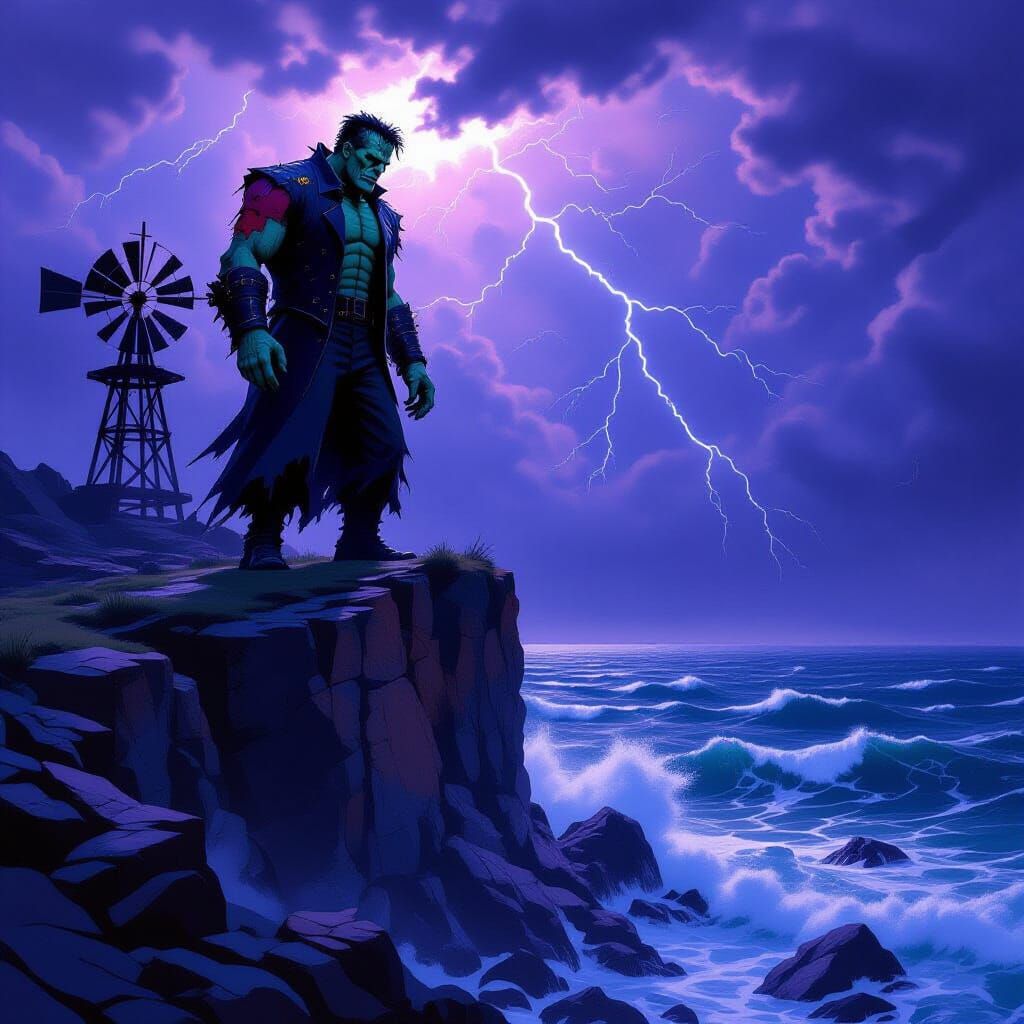 Frankenstein Monster on Windswept Cliff Under Lightning Stor...