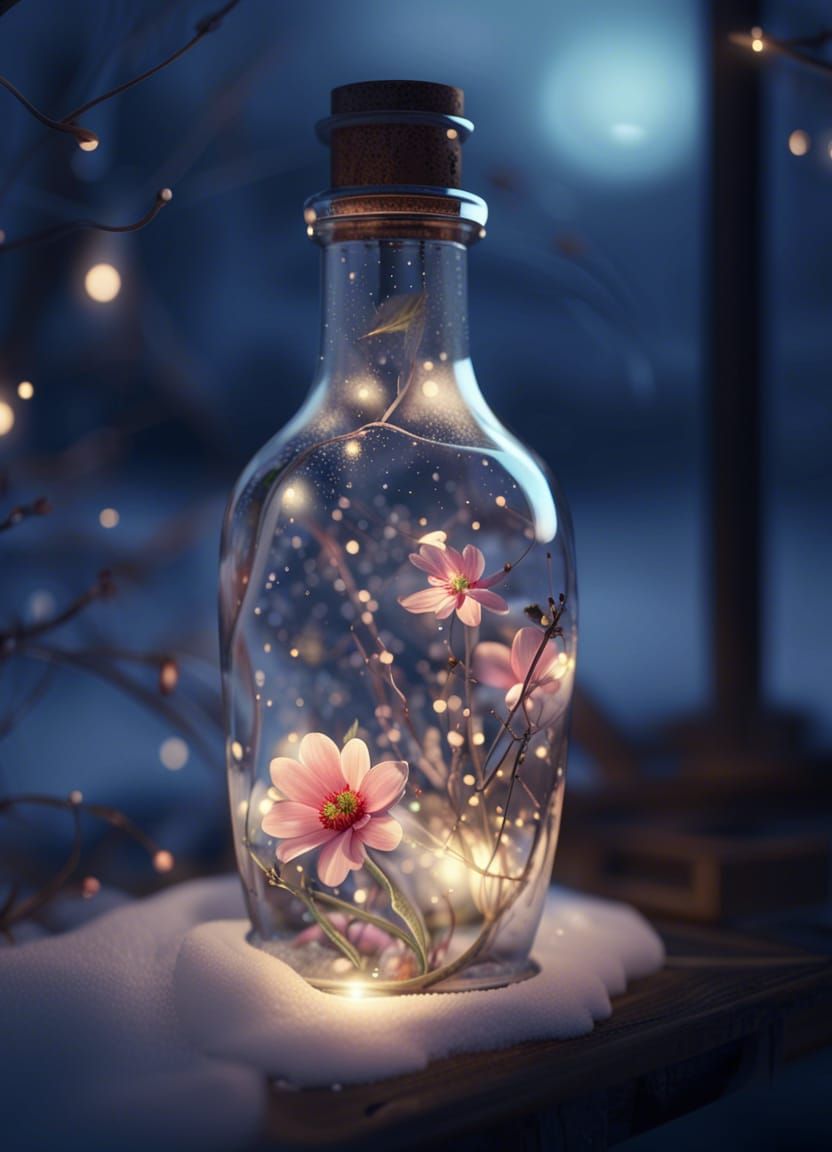 Fantasy Flower in Glass Bottle at Night