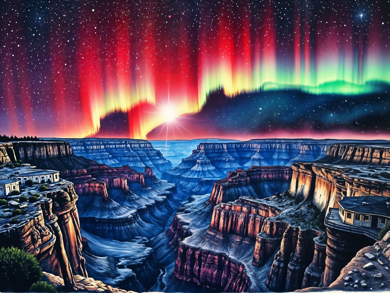 Grand Canyon at Night: Ink Drawing with Aurora