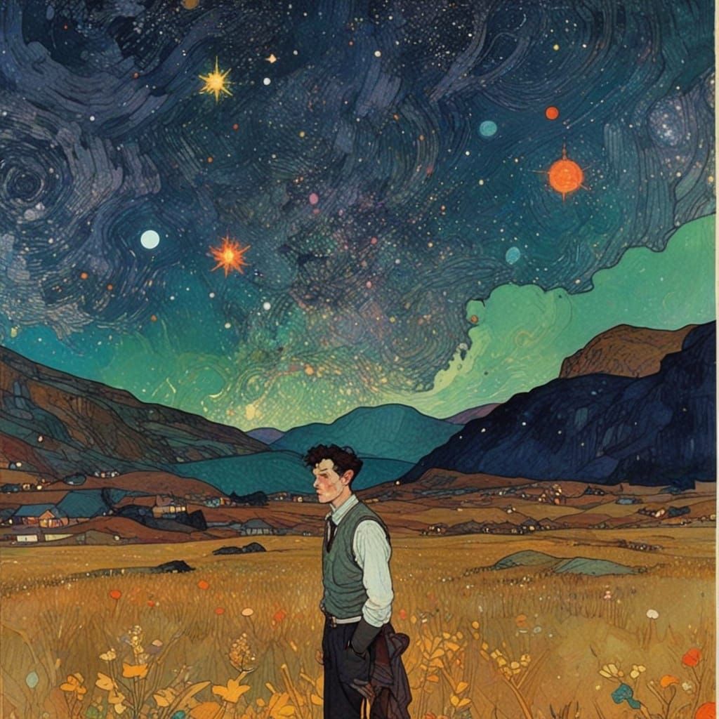 Vibrant Cosmic Scene with Egon Schiele and Waterhouse Influe...